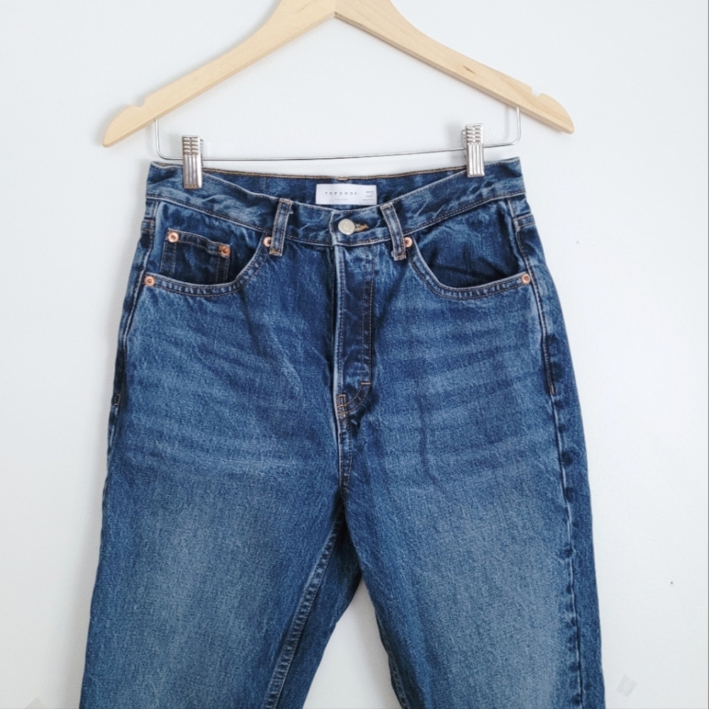 Topshop | High Rise Straight Leg Raw Hem Button Fly Rigid Denim Jean - 28